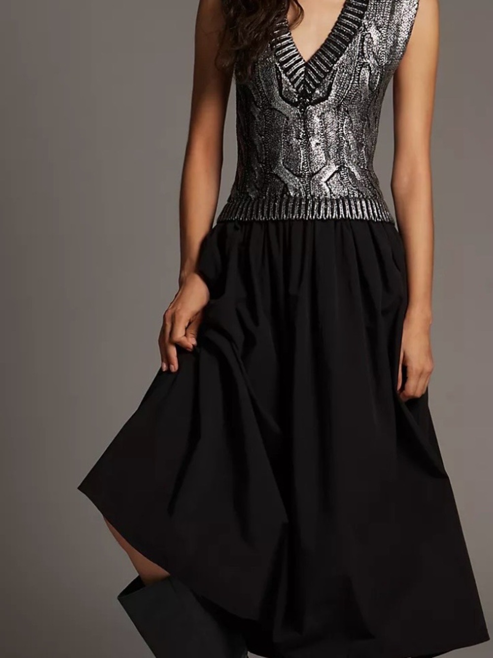 Anthropology Silver Metallic Knit V-Neck Bodice Black Midi Dress